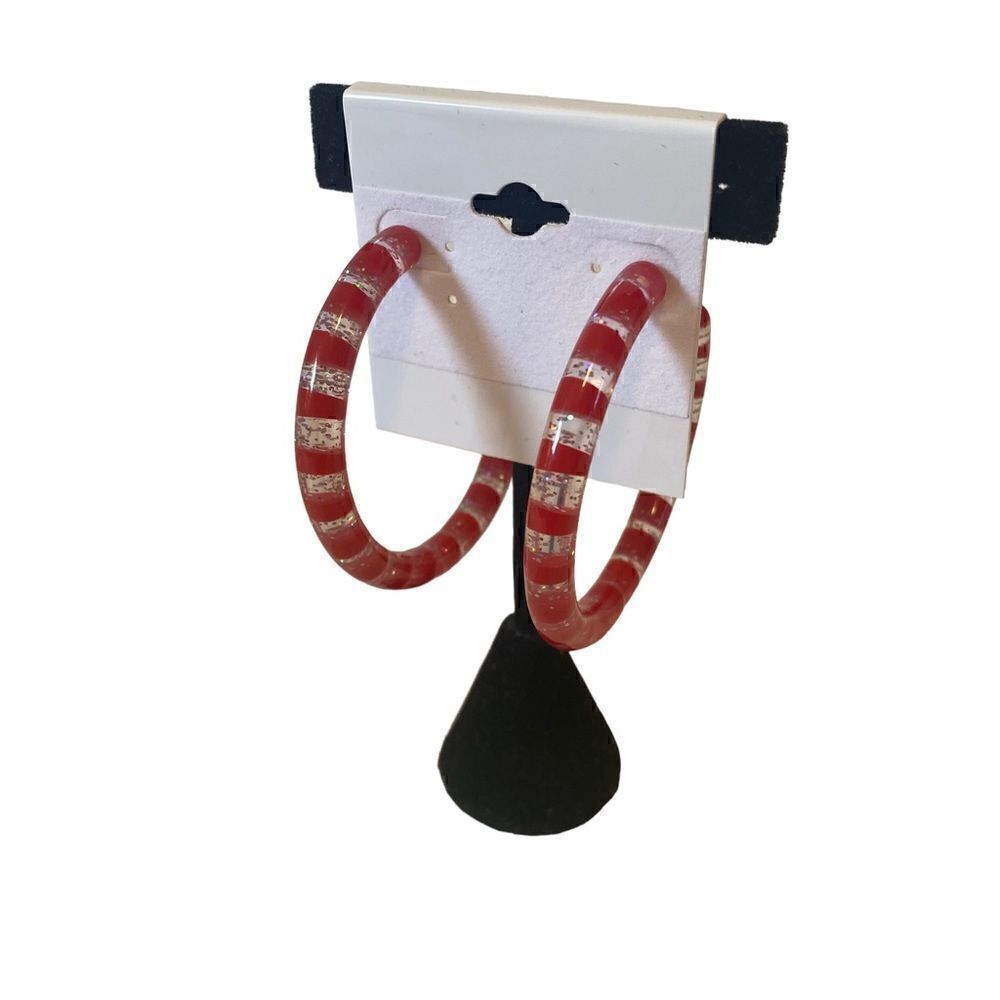 Darbie Angell Red Striped Sparkly & Clear Resin Hoops.